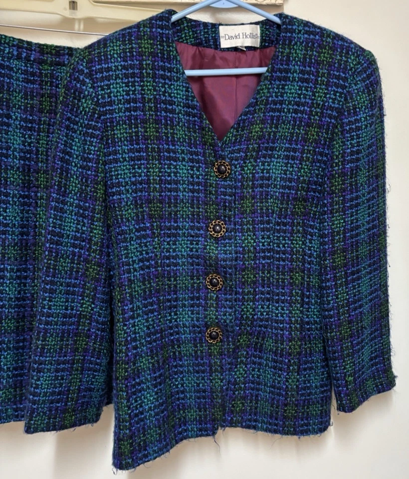 TRAJE DE TWEED VINTAGE DAVID HOLLIS 2 PIEZAS PÚRPURA, AZUL, VERDE FORRADO EE. UU. TALLA 10 Foto 3 de 4