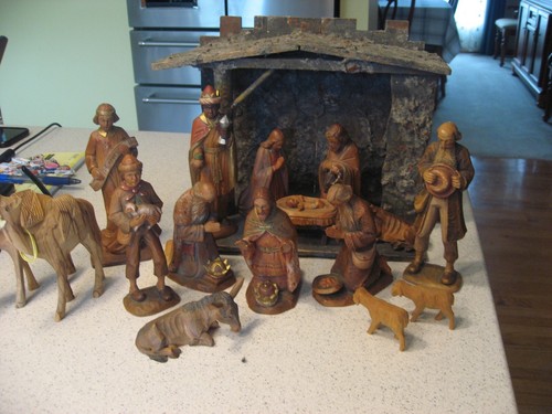 Vintage Anri Kuolt Hand Carved Nativity Set of 12 Pieces plus a Creche & Camels
