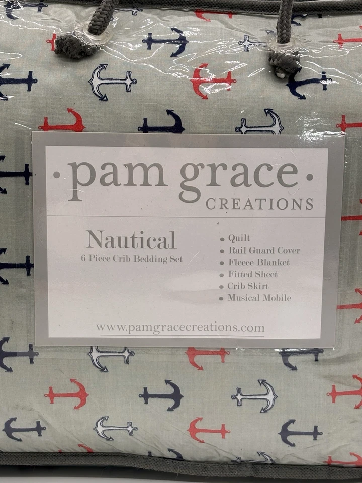 Juego de ropa de cama para cuna Pam Grace Creations NAUTICAL Anchors Away de 6 piezas NUEVO Foto 4 de 4