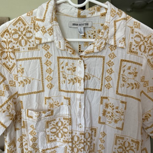 Urban Outfitters Midi Dress Women Gold Ivory Smith Eyelet Boho Vacay Size Large - Picture 12 of 12