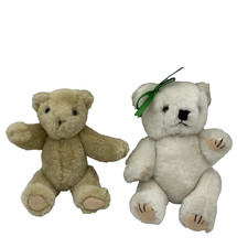 Teddy Bear Posable Jointed White Brown 1 With Earrings Plush Stuffed Lot of 2