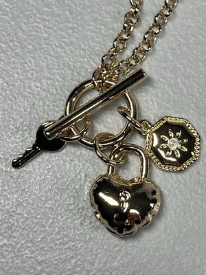 J Crew Lock and Key Charm Necklace in Gold Tone Faux Toggle 30''L