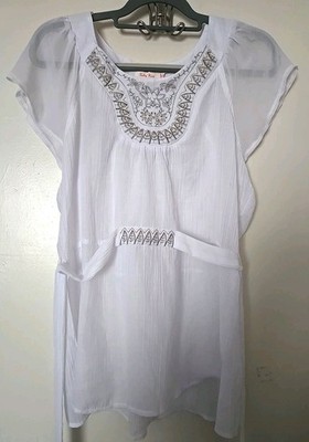 Ruby Rose White Embroidered Boho Tunic Blouse Cover-Up Sz L Coastal Resort Wear