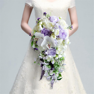 Romantic White & Purple Cascading Bridal Bouquet - Rustic Artificial Flowers