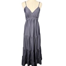 Commense Tiered Open Back Maxi Dress Dark Blue V-Neck Medium