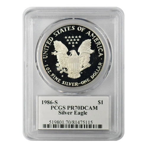 1986-S American Silver Eagle PCGS PR-70 DCAM Mercanti Signature