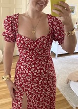 Red Floral Puff Sleeve Midi Dress Sweetheart Neck Side Slit Women’s