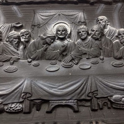 Vintage Relief Last Supper Plaster Plaque Picture 14.5x9 Black White Gothic Art