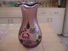 Fenton Glass 8" Ruffled Amethyst Purple Vase with Hand Painted Flowers With Tag