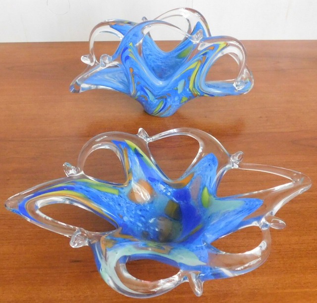 Vintage Murano Art Glass Blue Yellow & Orange Clear Napkin Holder