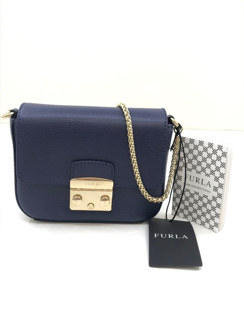 FURLA Logo Metropolis Chain Crossbody Bag Women Navy Blue With Tag