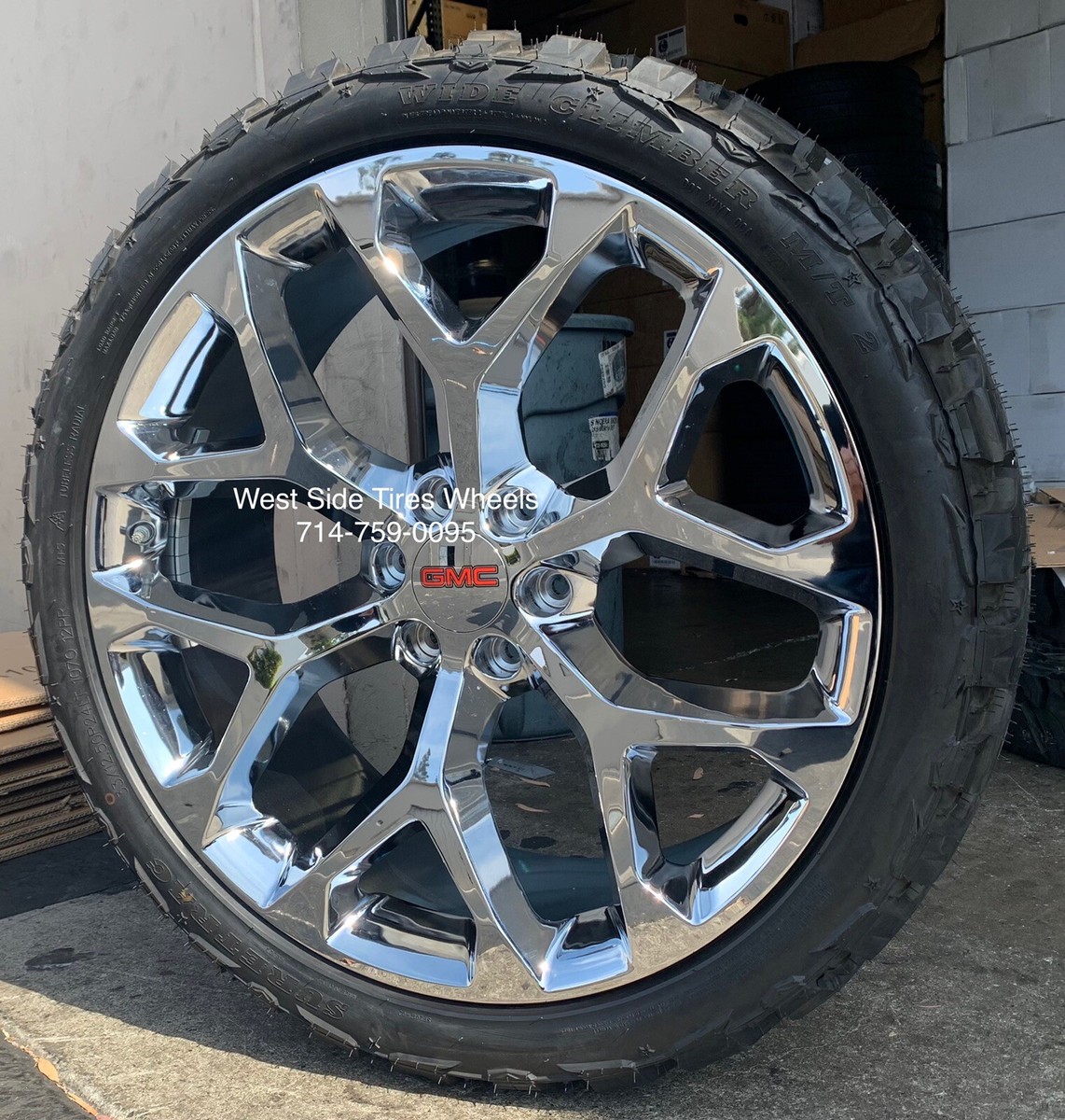 24” SNOWFLAKE CHROME WHEELS Yukon Sierra Silverado Tahoe 33” Mud