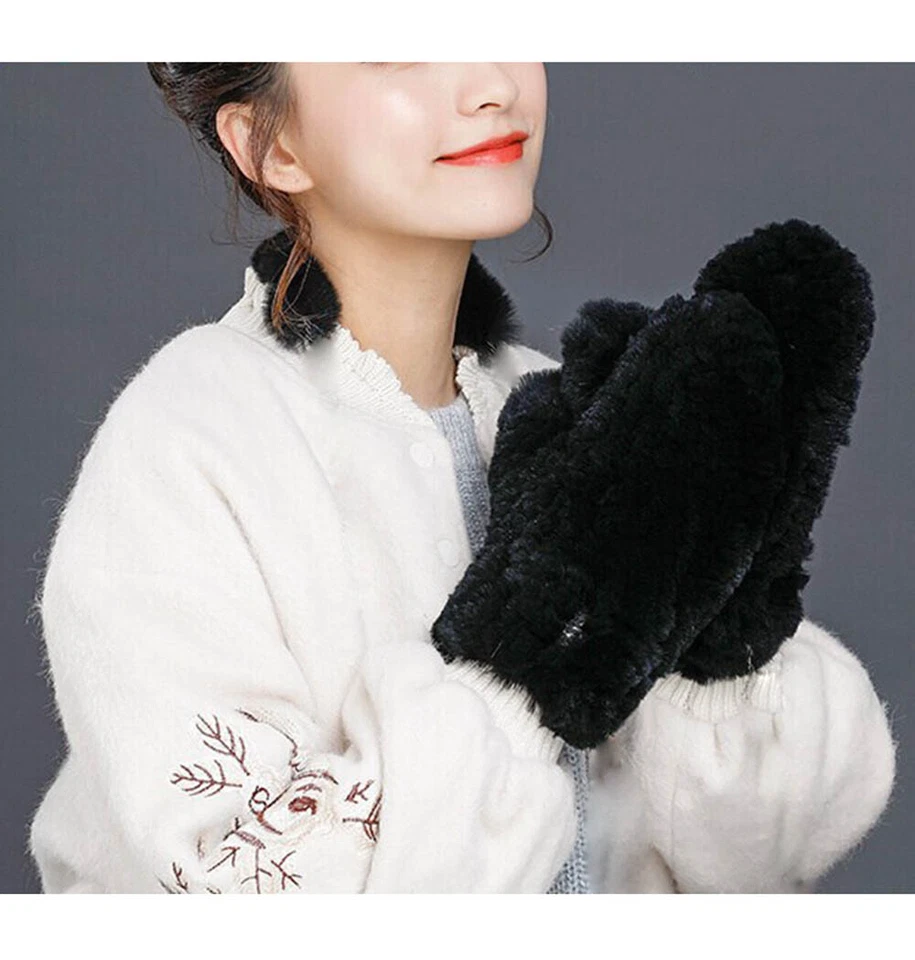 Winter Fur Mittens Real Rex Rabbit Glove High Elastic Double-sided Knitted - Image 3 of 4