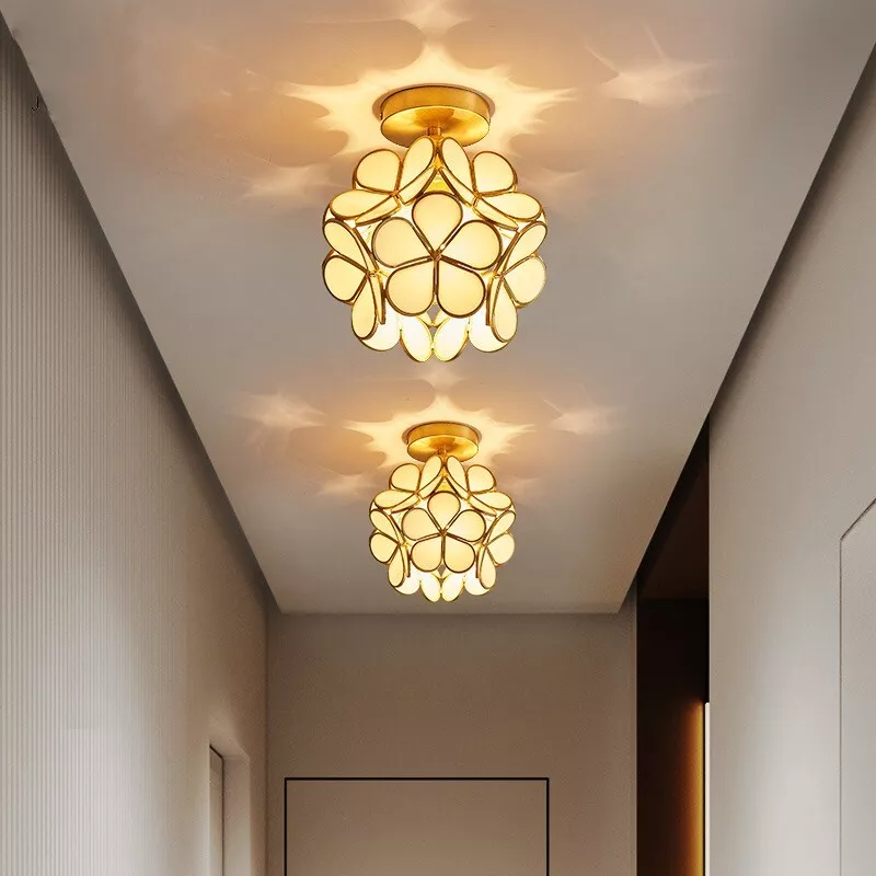 Flush Mount Ceiling Light Flower Fixture Modern Mid Century Brass Glass Hallway