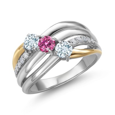 925 Silver and 10K Yellow Gold Aquamarine and Pink Moissanite and Lab Grown