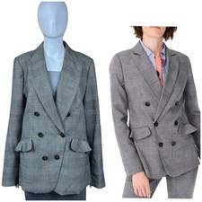 J. Crew Glen Plaid Ruffle Pocket Double Breasted Wool Blazer Grey Plaid Size 16