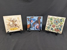 Vintage Ceramic Tile Trivets - Set of 3 Hand-Painted Decorative 6-inch