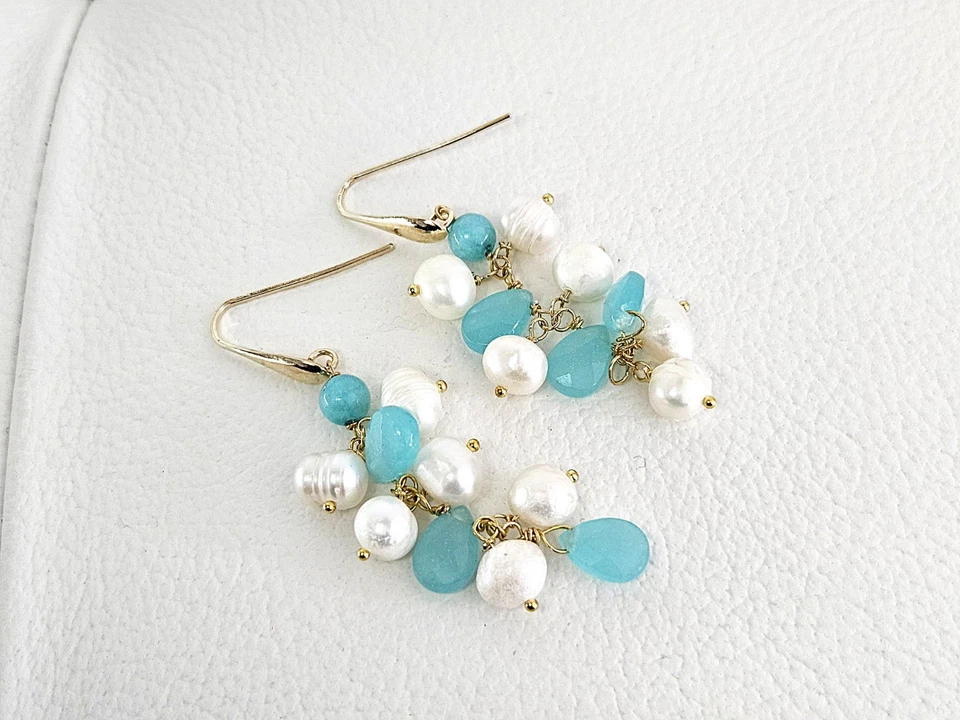 orecchini in argento 925, calcedonio, amazzonite e perle - Immagine 2 di 4