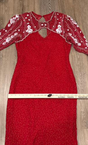 Laurence Kazar Dress Medium Red Beaded Silk Gown Long Sleeve Sheer Vintage READ - Picture 4 of 21