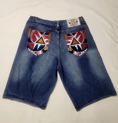 Vtg Akademiks Shorts Y2K Native Denim Aztec Skater Hip Hop Wide Leg Baggy  36
