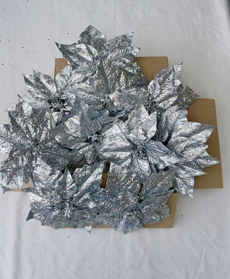 KAEMINGK JOBLOT Silver Christmas Tree Decorations Shiny Sparkle Flowers Clip ons Large 10
