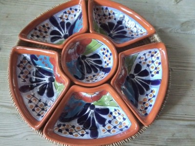 Talavera keramik Mexico 30 cm Durchmesser 6 Schalen plus Korb Tablett neu
