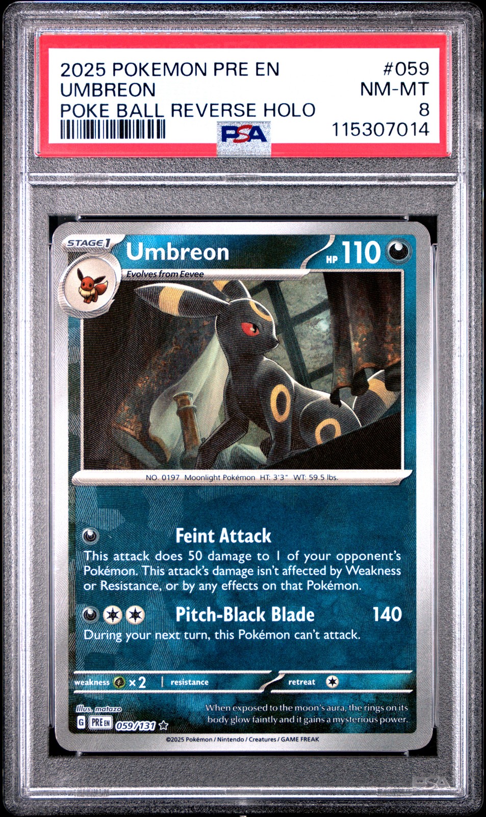 2025 POKEMON PRE EN-PRISMATIC EVOLUTIONS POKE BALL REVERSE HOLO UMBREON PSA 8