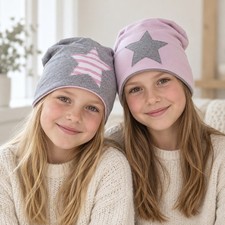 Wendebeanie M&auml;dchen Gr. 51&ndash;53 Jersey M&uuml;tze mit Stern Rosa Grau Neu