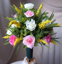 MEMORIAL CEMETERY GREEN VASE ARTIFITIAL FLORAL ARRANGEMENT 17"x 15" NEW