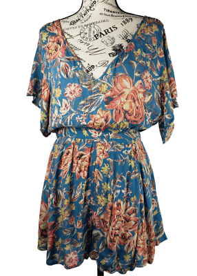 KIMCHI BLUE Teal Floral Butterfly Sleeve Boho Romper Keyhole Back Women  Size 6 | eBay