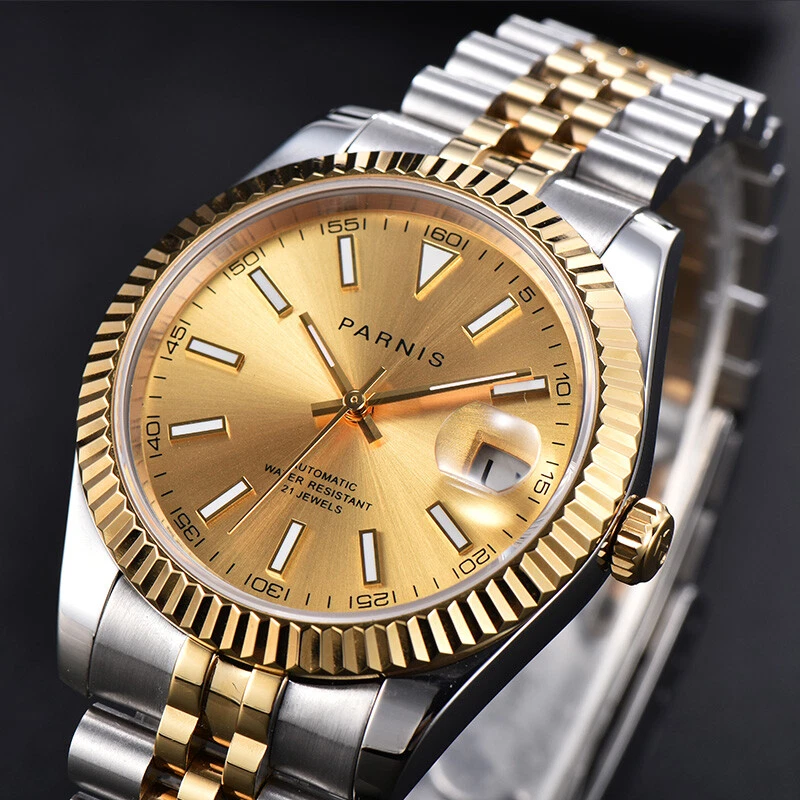 39.5mm Parnis Gold dial Steel Sapphire Glass Miyota Date Automatic men s Watch