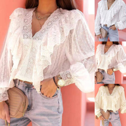 Women Ruffle Lace V Neck Tops Ladies Long Sleeve Casual Loose Tunic Blouse Shirt