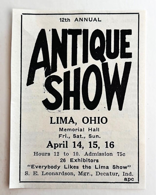 1961 Lima Ohio Antiques Show Advertisement Memorial Hall Event April F14D