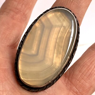 VTG Big Navajo Ring Sz 10 Banded Agate MCM 1960s Sterling 61g Native Amer