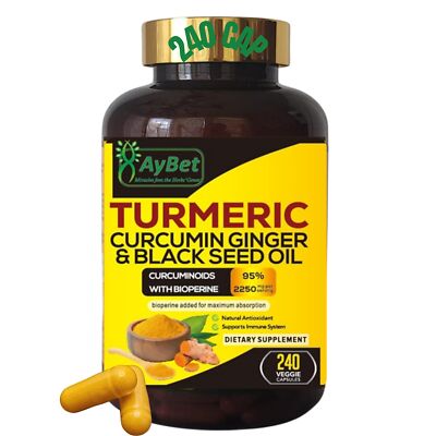 World 1st.Turmeric Curcumin Ginger&Black Seed Oil 240 Caps 2250mg 95% Curcumi...