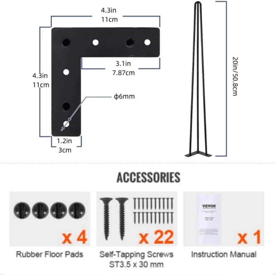 4PCS 20" Hairpin Table Legs Metal Furniture Legs 3 Rods 880LBS W/Floor Protector - Image 2 of 4