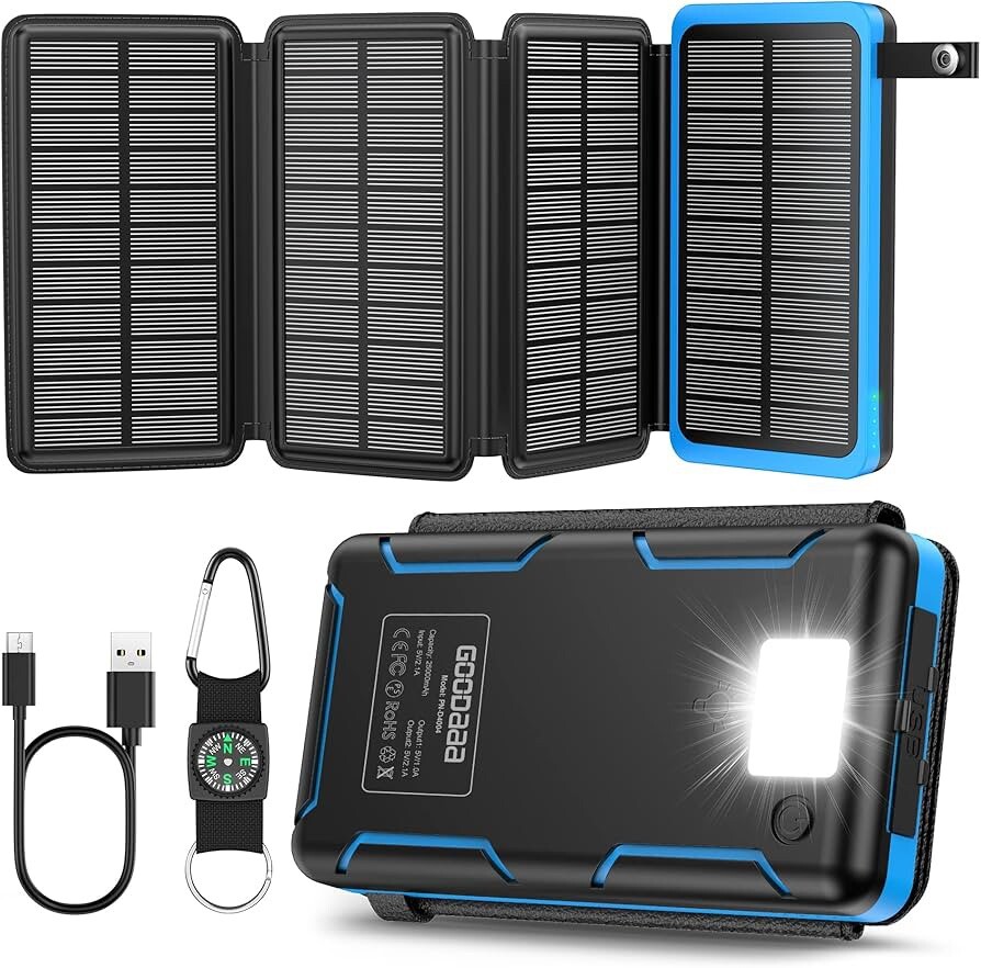 Solar Charger 25000mAh, Goodaaa Outdoor Portable Power Bank with 4 Solar Panel