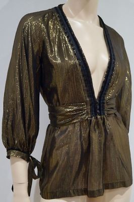 JASMINE DI MILO Gold & Schwarz Seidenmischung Glanz Ausschnitt V-Ausschnitt Gürtel Bluse Top 8