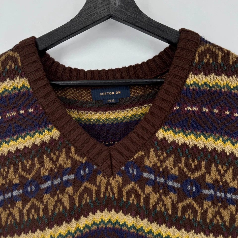 COTTON ON Men Fair Isle V Neck Sweater Vest Brown Medium - Image 2 of 4
