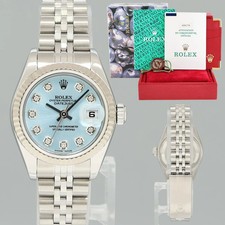 PAPERS Ladies Rolex 69174 DateJust 26mm Glacier Blue Diamond Fluted Bezel Watch