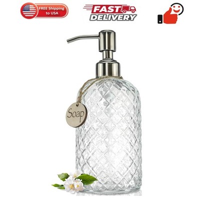 18Oz Gem Patterned Clear Glass Soap Dispenser with Rust Proof Pump, Refillabl...