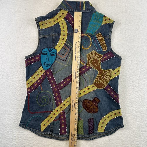Chico's Denim Vest Womens Size 1 Embroidered Beaded Button Up Boho Artsy - Picture 10 of 13