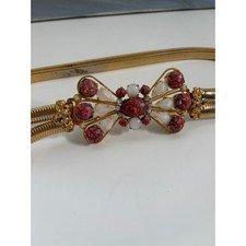 Schreiner New York Vintage Gold Snake Chain Belt Pink Floral Glass Bow Buckle
