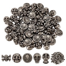 Skull Head Rivets Studs, 80pcs 4 Styles, 10mm, Antique Silver
