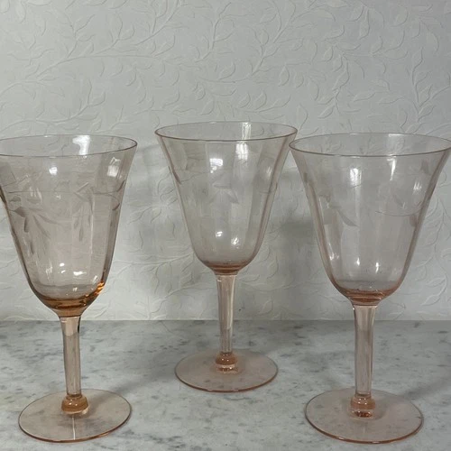 Lot 3 Vtg Pink Etched Depression Wine Glasses Panel Etched Deco Era Barware EUC