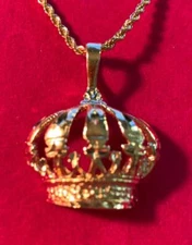 14KT GOLD PLATED  CROWN CHARM PENDANT & 14KT GOLD PLATED 16"-30" 2.5MM ROPE-3515