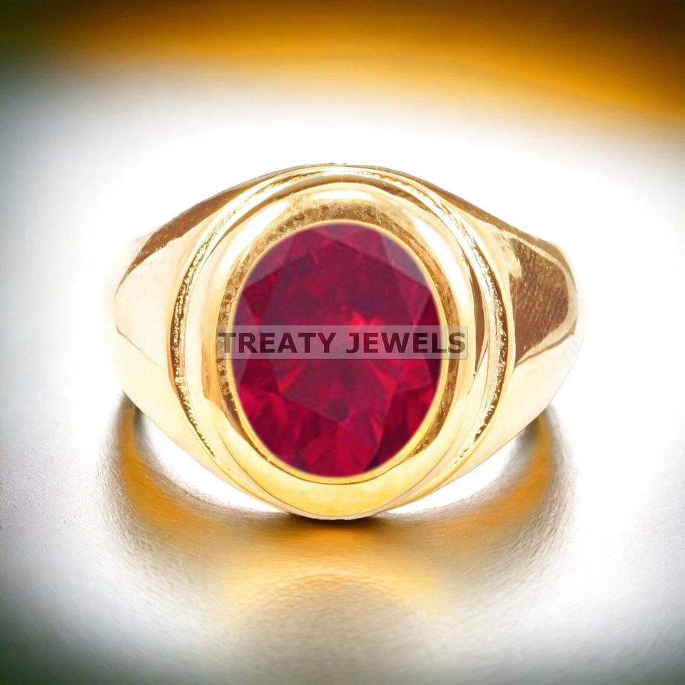 Ruby Oval Cut With 925 Sterling Silver Gold Plated Ring For Men's #A515 - Image 2 of 4