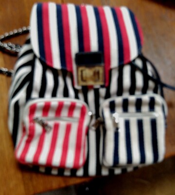 Steve Madden Red White Blue Striped Canvas backpack purse Pockets Chain  Straps