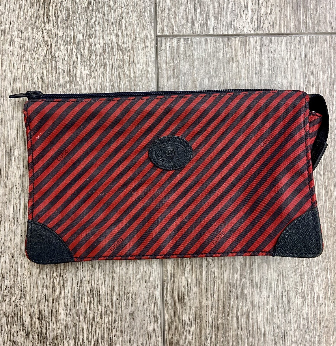 GUCCIポーチ／NAVY Gucci Designer Navy And Red Striped Makeup Clutch Bag Zipper