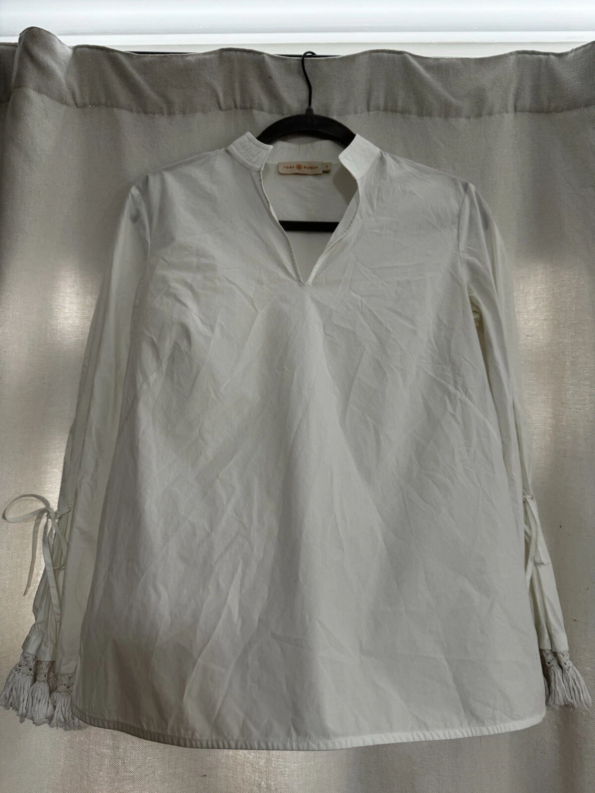 Tunica Tory Burch Sophie collo diviso manica lunga a campana frange popeline bianco taglia XS 0